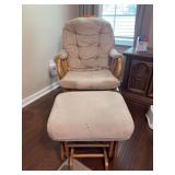 Solid light oak rocker glider with matching glider foot rest - chair is 26 x 18-1/2 x 39 tall - foot rest is 21 x 19 x 16 tall