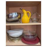 Contents of kitchen cabinet - vintage Pfaltzgraff serving bowl, vintage lidded Pyrex bowl and more