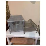 Grouping of (2) silver mesh wire storage units - left has pull out drawer - 10-1/2 x 16 x 9-1/2 and 5-1/2” tall