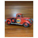 Rustic red vintage-style metal pickup truck decor item featuring a round magnetic 'GULF' logo on the doors - 13 x 5-1/2 tall