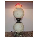 Large Fenton GWTW Art Glass Lamp ~ 30' Burmese Glass Lamp ~ MCM Embossed Cabbage Rose~ Inner Lights & Top Light Lamp - bottom needs a bulb