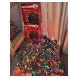 Several strands of clear & colored Christmas lights - the boxed lights are net-style lights - some are NIB and some bulbs need replacing