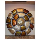 Gorgeous round metal wall art in golds and bronzes color schemes with reds and greens mixed in - 30”D