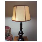 Metal base lamp with washed bronze finish and bright fabric shade - 29-1/4” tall - working condition