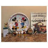 Grouping of Disney collectibles - figurines, watch case, tray, Tow-Mater metal sign
