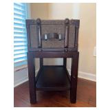 Haverty’s Furniture mahogany finish end table featuring a textured fabric trunk-style design and single drawer - 15 x 23 x 26 tall