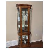 Traditional wood-finish lighted curio cabinet with curved glass doors and side panels - 25 x 12 x 76-1/2 tall - CONTENTS NOT INCLUDED