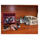 Grouping of electronic supplies - (2) wired computer mouse, USB chargers, cables, VTECH cordless phone system