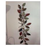 Vertical and/or horizontal metal leaf wall art sculpture featuring an intersecting branch design adorned with multi-colored, autumn-toned leaves - 46” long