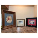 Grouping of (3) various size framed cardinal prints - far right is a nicely framed greeting card, far left is a signed watercolor