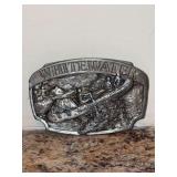 Vintage 1984 Siskiyou Buckle Co. solid steel belt buckle featuring an embossed Whitewater Rafting scene - 3 x 2