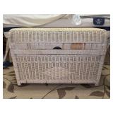 Cream color faux wicker blanket trunk - 33-1/2 x 18 x 22-1/2 tall - small area of strapping is missing from lid