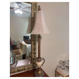 Adorable heavy resin, acrylic and metal base candlestick lamp with silk-like shade - working condition