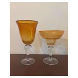 (2) Handblown Amber bubble glass and clear glass items - left is 8-1/2” tall and right is 7” tall
