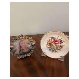 4 inch Royal Worcester bone China floral dresser tray with a Jeweled floral Fetco metal picture frame.
