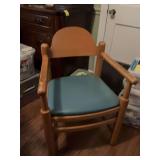 Vintage solid wood chair with blue leather seat 21“ x 20“ x 32“ with the seat height being 18 inches