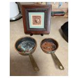 6 in.² cute framed heart picture, signed and two miniature copper skillets 4 1/2 inch and 3 3/4 inch