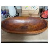 Vintage wooden dough bowl 20 and three-quarter inches by 11 1/8 inches. See photos for condition.