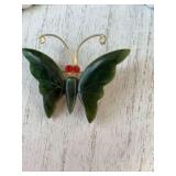 Vintage deco carved Green Jade and gold butterfly brooch