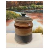 ￼ Signed Studio pottery stoneware covered striped canister. 5 1/2” x 7 1/4”