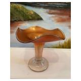 5 1/4“ x 5 3/4” Iridescent Marigold ￼ ruffled top Carnival vase.