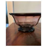 ￼ Vintage Hazel Atlas Moroccan Amethyst glass pedestal bowl with a striking wide rim and contrasting dark base. 9“ x 5”