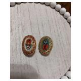 2 vintage Italian micro mosaic floral gold tone, oval shaped millefiori pins ￼