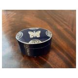 Lucretia Vanderbilt art, deco, cobalt, blue, and with silver butterfly tin powder box full of miniature pencils.
