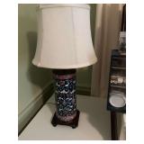 24 inch Antique Oriential Cloisonne floral enamel table lamp- brass with wood base. Base does have slight damage as shown.
