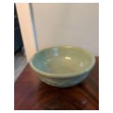 Antique 1930s USA McCoy Pottery -Green glazed embossed serving bowl with fruit design. 9”