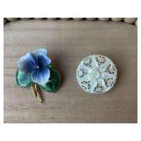 Vintage enameled pansy brooch and a mother of pearl brooch