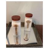 2- Griffiths vintage milk glass spice jars with lids; poultry seasoning and mustard flour
