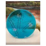 7 1/2 inch bubble, blue abstract glass art plate signed Laura Mendola
