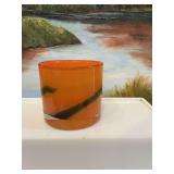 4 “ Round orange and black art glass vase/ candle holder