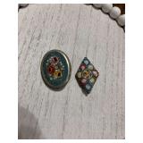 Two vintage Italian micro mosaic floral gold tone millefiori pins.