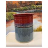 Studio pottery utensil jar 5 1/2” x 6 1/2” signed