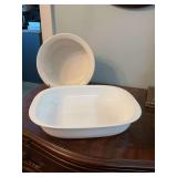 3 qt. Corningware Simply lite bakeware dish and an ivory Pfaltzgraff microwave and oven safe 9”casserole dish.