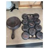 Number 3 Wagner Ware cast iron 6 1/2 inch skillet and a 12 x 8“ cast-iron biscuit gate-marked cst iron pan