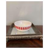 Vintage retro mid-century, Hazel Atlas milk glass red & white candy striped cereal bowl 4 7/8” #401