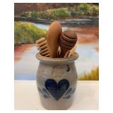 5 inch Rowe Pottery Works crock with utensils. Cambridge, Wisconsin.