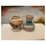 2 Adorable Nemanja art marble swirl Native American pottery vases. 3 1/2 inches.