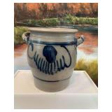Antique German Westerwald salt glaze stoneware crock with cobalt blue floral motif across front 8 1/2” x 8”￼ couple of nicks around back rim -see photos
