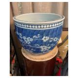 Blue and white Japanese oriental planter with cherry blossoms 10“ x 12 1/4“
