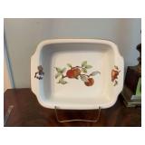 Royal Worcester Evesham handled 12 x 9 dish, gold rimmed with fruit.