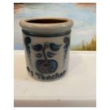 Shadowlawn stoneware pottery 4 inch crock with Colbalt blue apple and number one teacher. Delavan, Wisconsin