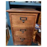Three drawer wooden file/organizer storage box with contents 10” x 7 1/2” x 17”