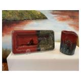 Two pottery pieces marked BB. 4 inch base and 7 inch tray.
