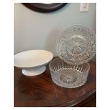 Set of three serving pieces, two glass bowls, and a white porcelain Pillivuyt footed dish. Bowls are 10 1/2 inches and 8 inches.