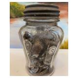 6 inch vintage jar with zinc lid full of vintage buttons