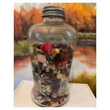 Large 6 1/2” x 12 1/2” antique jar with zinc lid and buttons